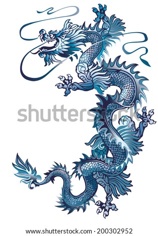 Raster version / Moving up blue oriental dragon on a white background