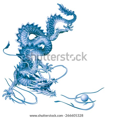 Raster version / Blue Dragon running vertically down on a white background