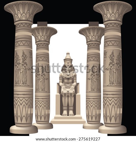 Raster version / Monochrome Pharaoh on the throne between the four columns on a white background