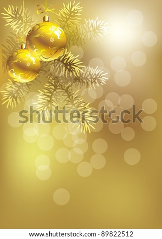 Raster version of vector/ Gold abstract background with two gold Christmas tree balls - a vertically