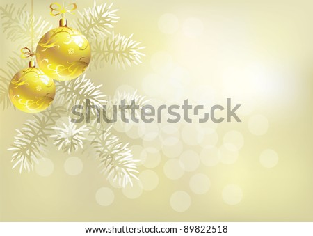 Raster version of vector/ Light golden abstract background with two gold Christmas tree balls - horizontally