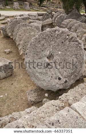 Ancient columns in Greece, on the floor, in mythical olympus, home of the greek pagan gods, Mount Olympus