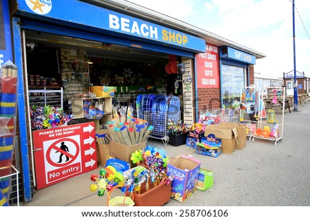 SUTTON ON SEA, LINCOLNSHIRE, UK. AUGUST 11, 2014.  A beach shop on the promenade selling beach essentials at Sutton on Sea, Lincolnshire, England, UK.