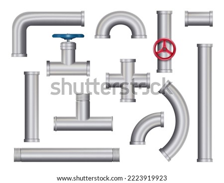 Realistic pipes. Water tube pipelines with valves, joints and connections. Vector 3D metal constructions on white