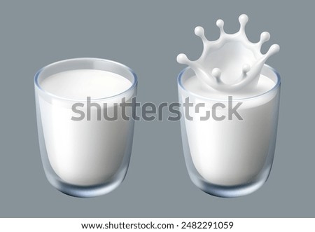 Milk glass and milk splash in a glass. Milk or yogurt poured into glass. Realistic 3d vector image in cartoon style