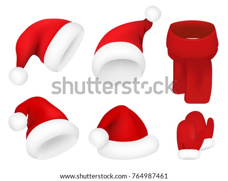 Christmas santa claus hats set. New year red hat isolated on white background. Vector image.