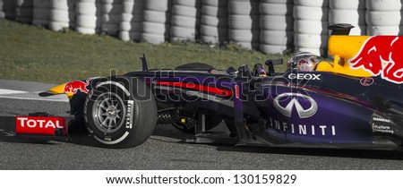 JEREZ, SPAIN - FEBRUARY 11: Sebastian Vettel testing his new Red Bull Racing RB9 F1 car on the first Test at the Jerez Circuit in Jerez, Andalucia, Spain on Feb. 11, 2013.
