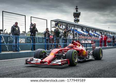 JEREZ, SPAIN - JANUARY 31: Kimi Raikkonen testing his new Ferrari F14 T F1 car on the first Test at the Jerez Circuit in Jerez, Andalucia, Spain on Jan. 31, 2014.