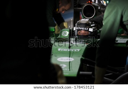 JEREZ, SPAIN - JANUARY 31: Kamui Kobayashi testing his new Caterham CT05 F1 car on the first Test at the Jerez Circuit in Jerez, Andalucia, Spain on Jan. 31, 2014.