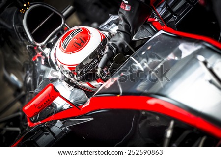 JEREZ, SPAIN - FEBRUARY 2ND: Jenson Button testing his new Mclaren Honda MP4-30 F1 car on the first Test at the Jerez Circuit in Jerez, Andalucia, Spain on Feb. 2, 2015.