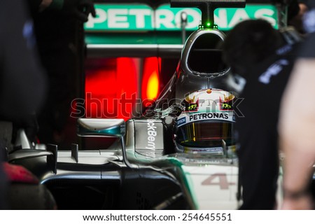 JEREZ, SPAIN - FEBRUARY 2ND: Lewis Hamilton testing his new Mercedes W06 F1 car on the first Test at the Jerez Circuit in Jerez, Andalucia, Spain on Feb. 2, 2015.