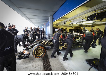 JEREZ, SPAIN - FEBRUARY 2ND: Pastor Maldanado testing his new E23 Lotus F1 car on the first Test at the Jerez Circuit in Jerez, Andalucia, Spain on Feb. 2, 2015.