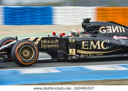 JEREZ, SPAIN - FEBRUARY 2ND: Pastor Maldanado testing his new E23 Lotus F1 car on the first Test at the Jerez Circuit in Jerez, Andalucia, Spain on Feb. 2, 2015.