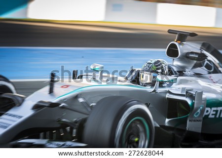 JEREZ, SPAIN - FEBRUARY 2ND: Nico Rosberg testing his new Mercedes W06 F1 car on the first Test at the Jerez Circuit in Jerez, Andalucia, Spain on Feb. 2, 2015.