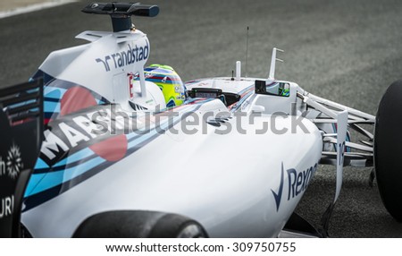 JEREZ, SPAIN - FEBRUARY 3RD: Felipe Massa testing his new FW37 Martini Williams Racing F1 car on the first Test at the Jerez Circuit in Jerez, Andalucia, Spain on Feb. 2, 2015.