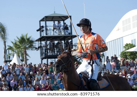 SOTOGRANDE, SPAIN AUGUST 27 2011 - The 40th anniversary of Sotogrande Gold Cup where team Las Monjitas defeated team Ellerston 11-9. Rider in Picture is Inaki Laprida (4) who was the tournaments MVP.