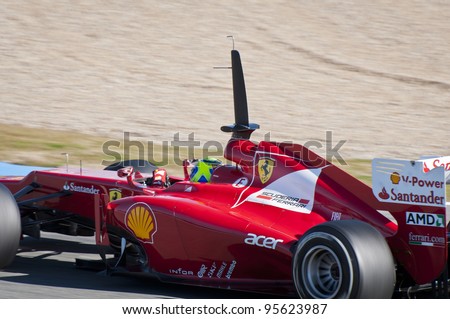 JEREZ, SPAIN - FEBRUARY 2012 - Felipe Massa test driving his new Ferrari in the first F1 test, Wednesday 8th February 2012.Jerez, Spain