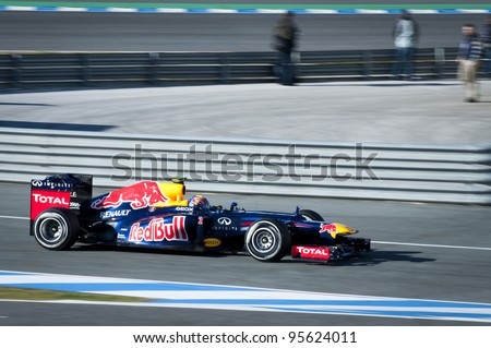 JEREZ, SPAIN - FEBRUARY 2012 - Mark Webber test driving his new F1 Red Bull racing car in the first F1 test, Wednesday 8th February 2012.Jerez, Spain