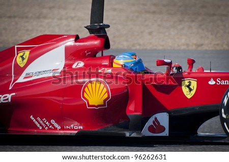 JEREZ, SPAIN - FEBRUARY 9: Fernando Alonso test drives his new Ferrari racing car in the first F1 test in Jerez. Spain on February 9, 2012.