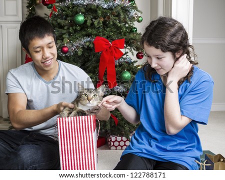 Brother and sister find cat in gift bag during Christmas day