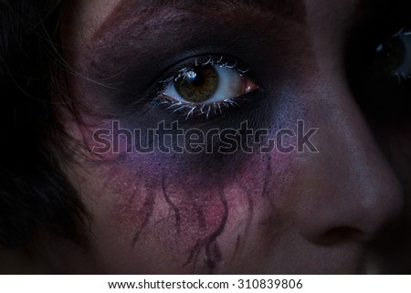 Close up of a scary eye from teenage girl. Scary concept.