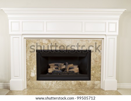 Natural gas insert fireplace with large mantel