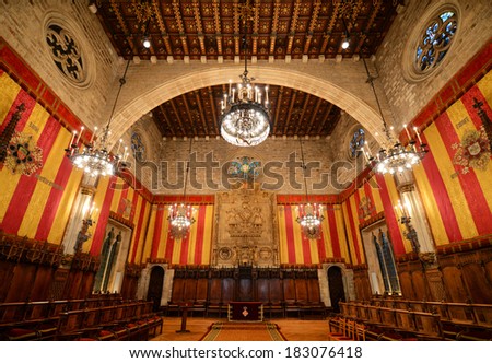 BARCELONA - JUNE 9: Barcelona Town Hall Magnificent Council Chamber (Salo de Cent) on June 9th, 2013 in Barcelona, Spain. Barcelona Town Hall was built between 14th and 15th century.