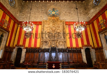 BARCELONA - JUNE 9: Barcelona Town Hall Magnificent Council Chamber (Salo de Cent) on June 9th, 2013 in Barcelona, Spain. Barcelona Town Hall was built between 14th and 15th century.