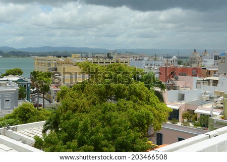 Old San Juan City Skyline, from top of Castillo San Cristobal, San Juan, Puerto Rico. Castillo San Cristobal is designated as UNESCO World Heritage Site since 1983.