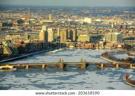 Boston Back Bay, Charles River and Longfellow Bridge Aerial view in winter, Boston, Massachusetts, USA