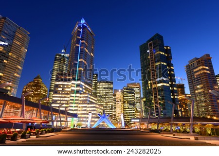 Vancouver city financial district at night, Vancouver, British Columbia, Canada.