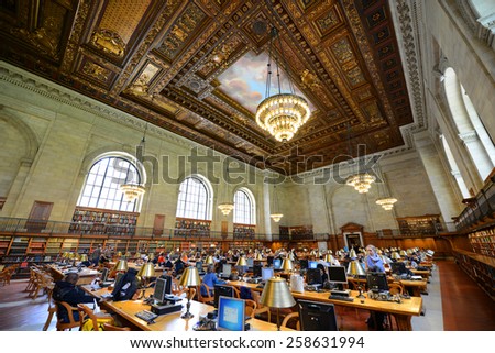 NEW YORK CITY - MAY 7: Rose Main Reading Room wide angle, New York Public Library on May 7th, 2013 in Manhattan, New York City, USA
