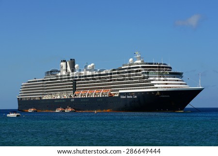 CAYMAN ISLANDS - DEC 30: Holland American Line Cruise ship Zuiderdam anchore offshore on December 30th, 2014 in George Town, Cayman Islands.