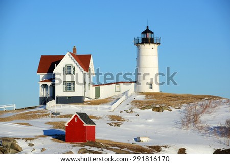 Cape Neddick Lighthouse (Nubble Lighthouse) at Old York Village in winter, Maine, USA
