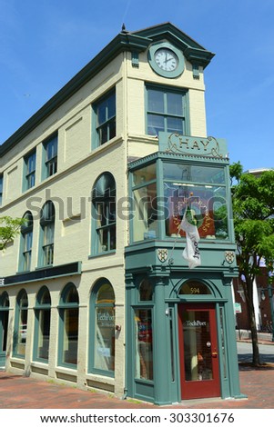 PORTLAND, ME - JUN 20: Portland Arts District H. H. Hay Building was built in 1820 at the corner of Free and Congress streets on June 20th, 2015 in the heart of Arts District of Portland, Maine, USA.