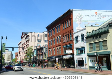 PORTLAND, ME - JUN 20: Portland Arts District Congress Street is regarded as the heart of Arts District of Portland, June 20th, 2015 in Portland, Maine, USA.