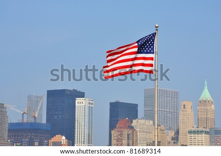 National Flag of United States, with Manhattan skyline in the background, Liberty State Park, New Jersey, USA
