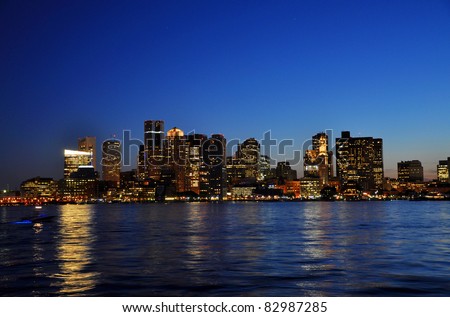 Boston City Skyscrapers, Custom House and Boston Waterfront at night from East Boston, Boston, Massachusetts, USA