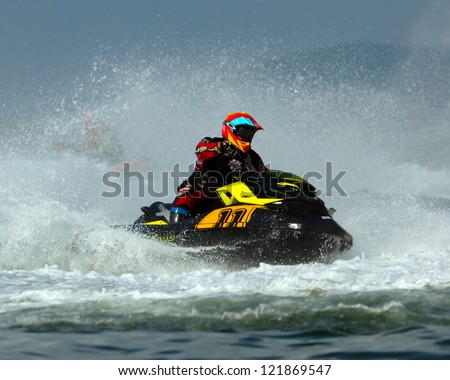 PATTAYA, THAILAND - DECEMBER 7 : Eric Lagopoulos USA driver from Jettribe team in the race of Jet Ski World Cup Grandprix 2012 on December 07, 2012 in Jomthein beach Pattaya, Thailand