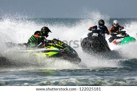 PATTAYA, THAILAND - DECEMBER 7 : Unidentified drivers in the race of Jet Ski World Cup Grandprix 2012 on December 07, 2012 in Jomthein beach Pattaya, Thailand