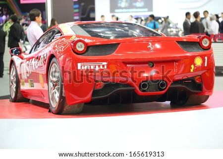 NONTHABURI - NOVEMBER 28: Detail of Ferrari 458 decoration and modify by Sngha Team display on stage at The 30th Thailand International Motor Expo on November 28, 2013 in Nonthaburi, Thailand.