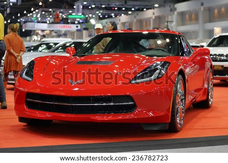 BANGKOK - DECEMBER 9 : Status of red Corvette stingray by BRG Group displayed in Motor Expo 2014, on dec. 9, 2014 in Bangkok, Thailand.