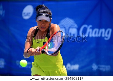 BANGKOK, JUNE 6 : Kamonwan Buayam (Thai) action in Chang ITF Pro Circuit International Tennis Federation 2015 at Rama Gardens Hotel on June 6, 2015 in Bangkok, Thailand. She won in final match