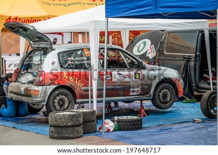MIKOLOW, POLAND - APRIL 26: Pit Stop, car maintenance area at 3rd Mikolow Rally on 26th April 2014, Mikolow, Poland