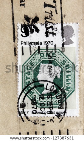 UNITED KINGDOM - CIRCA 1970: A stamp printed by the UK shows the first embossed postage stamp (1847) with portrait of Queen Victoria, circa 1970.