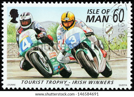 ISLE OF MAN - CIRCA 1996: a stamp printed by GREAT BRITAIN shows winners of International Isle of Man TT (Tourist Trophy) Race - the most prestigious motorcycle race in the world, circa 1996.