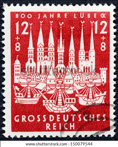 GERMANY - CIRCA 1943: a stamp printed by GERMANY shows view of Hanseatic City of Lubeck in northern Germany, circa 1943.
