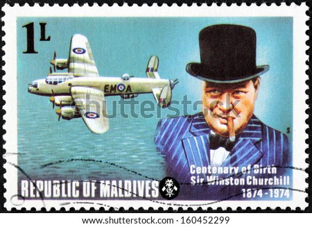 MALDIVE ISLANDS - CIRCA 1974: a stamp printed by Maldive Islands shows image portrait of famous British politician, Prime Minister of the United Kingdom Sir Winston Churchill, circa 1974