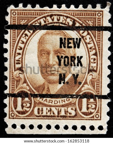 UNITED STATES OF AMERICA - CIRCA 1930: A stamp printed by USA shows image portrait of President Warren Gamaliel Harding, circa 1930