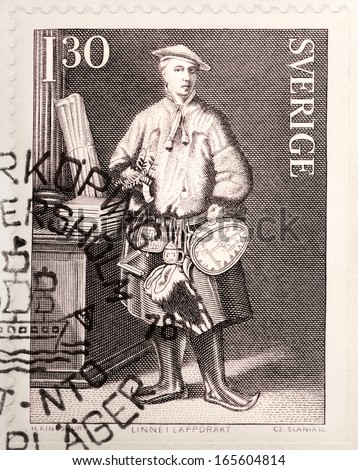 SWEDEN - CIRCA 1978: A stamp printed by SWEDEN shows Swedish botanist, physician, and zoologist Carl Linnaeus (Carl von Linne) in the traditional dress of the Sami people of Lapland, circa 1978